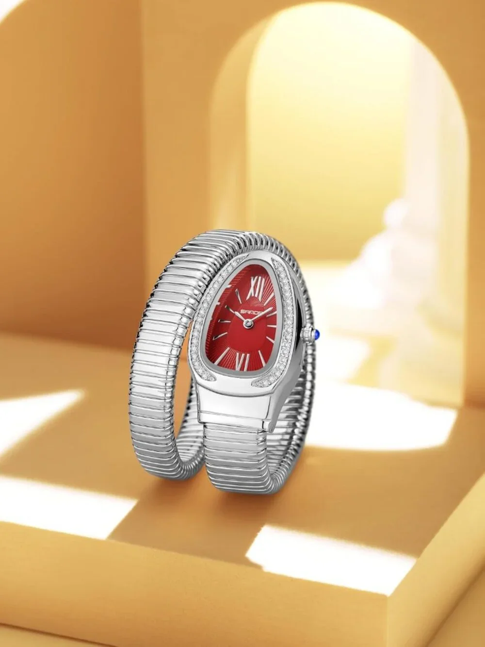 Women's Silver Red Elegant Wrap Around Bangle Fashion Snake Cuff Wrist Watches